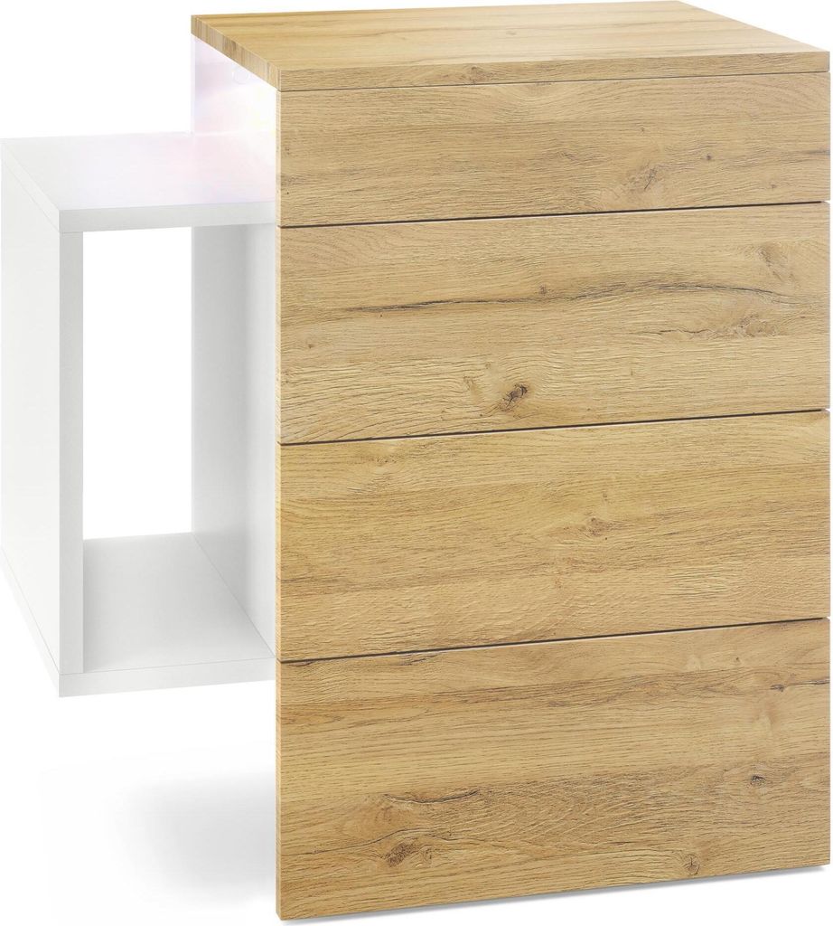 Vladon Nachttisch Queens, Germany, Nachttischschrank mit 2 Schubladen und 1 seitlichem Fach zur Wandmontage, Weiß matt/Eiche Natur, inkl. LED Unte...