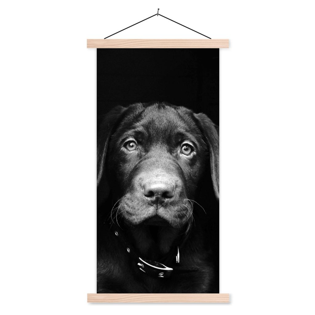 MuchoWow Textilposter Tierprofil Hund in schwarz und weiß 60x120 cm mit holzfarbenen Rahmen - Holz
