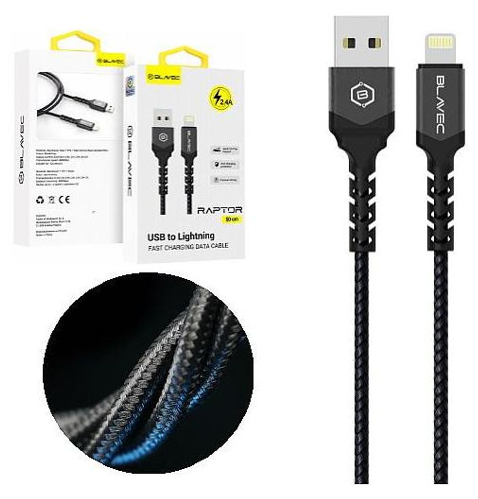 Daten-/Ladekabel - USB-A auf Lightning (0,5m) - RAPTOR Nylon schwarz ummantelt