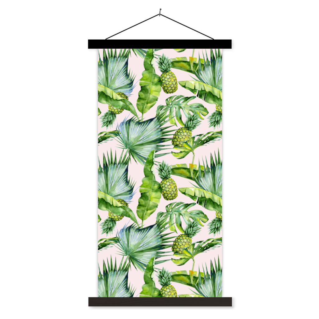 MuchoWow Textilposter Blätter - Ananas - Muster 60x120 cm mit schwarzem Rahmen - Magnete