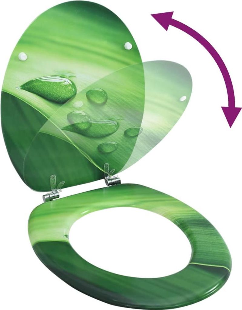 A toilet seat and lid with a green leaf and water drop design, shown in an open position.