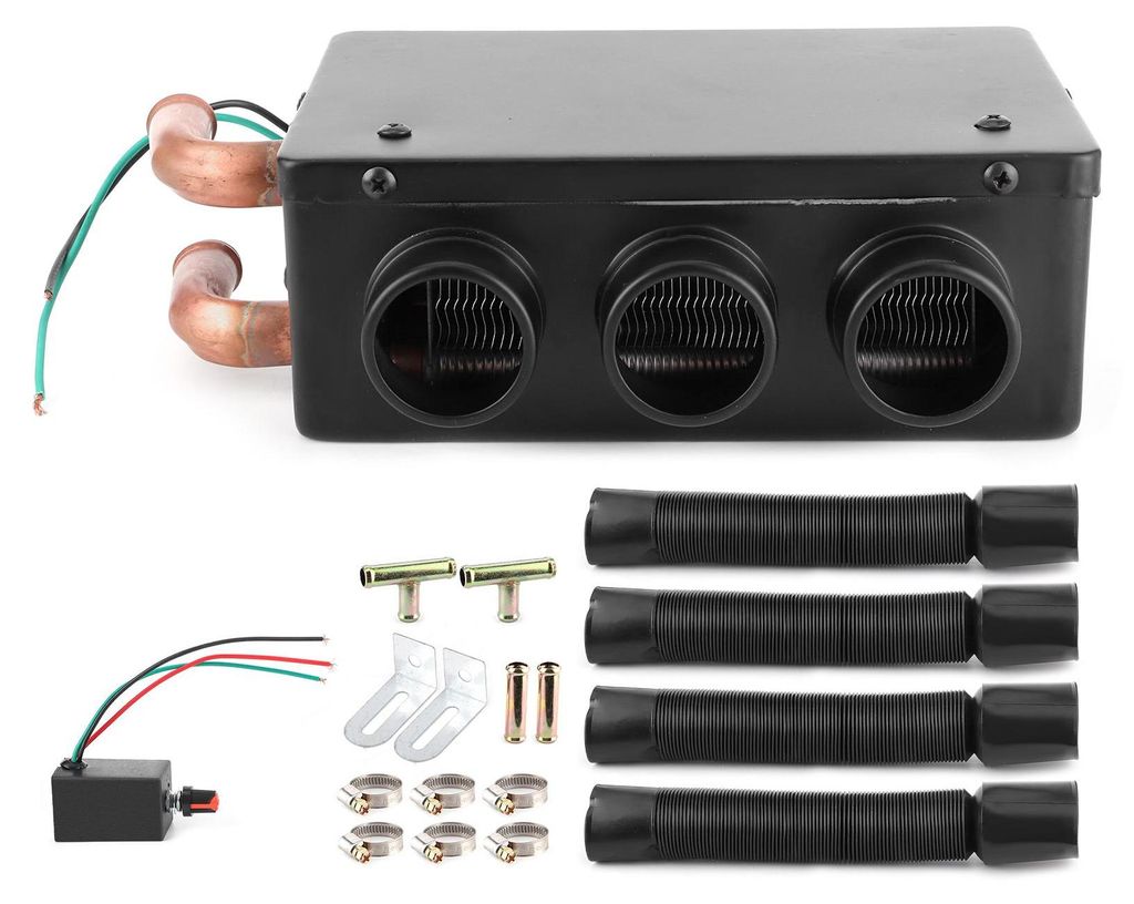A car heater unit and its accessories are displayed against a white background.