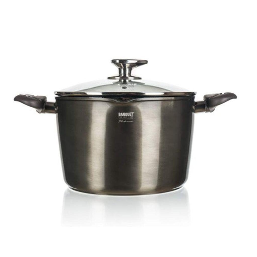 A studio shot of a metallic gray pot with a glass lid and silver handles, set against a white background.