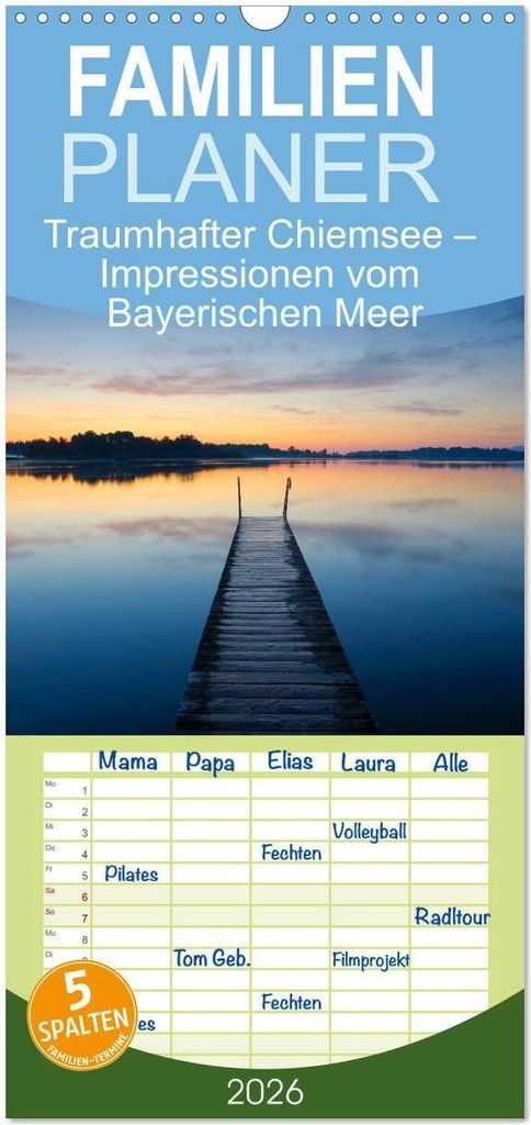 Familienplaner 2026 - Traumhafter Chiemsee - Impressionen vom Bayerischen Meer mit 5 Spalten (Wandkalender, 21 x 45 cm) CALVENDO