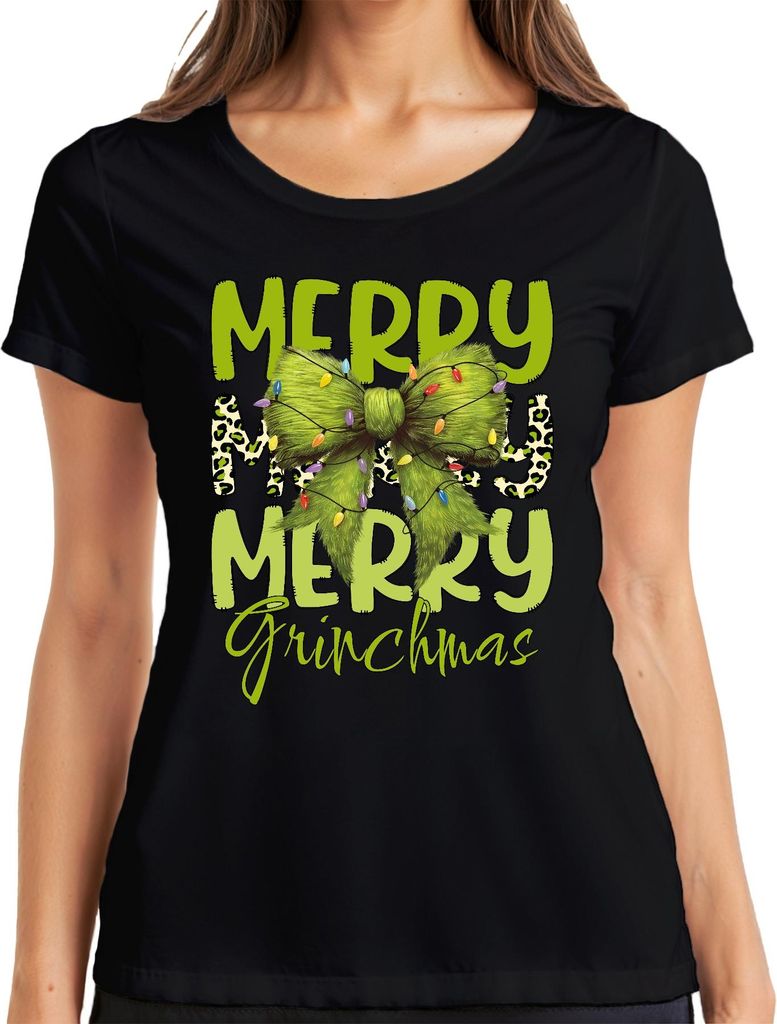Merry Grinchmas grüne Schleife Weihnachten Leopardenmuster Geschenk Damen T-Shirt, Schwarz, 3XL