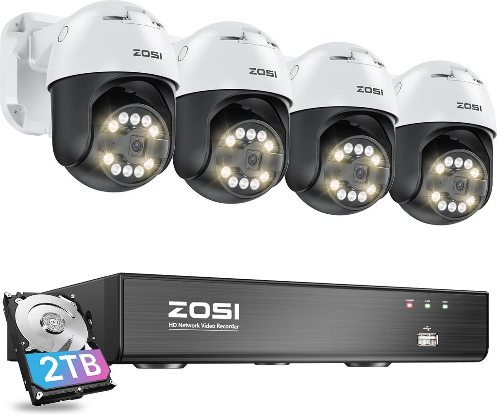 ZOSI 5MP PoE Überwachungskamera Set Aussen, 4X 355°/140° Schwenkbar IP Dome Kamera und 8CH 5MP PoE NVR mit 2TB HDD, 2-Wege-Audio, Ton- und Licht...