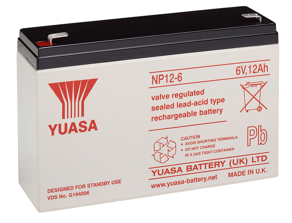 Yuasa Bleiakku 6 V, 12,0 Ah (12-6) Faston (6,35 mm) Bleiakku AKKU 6-12,0 Yuasa (NP12-6) VDS