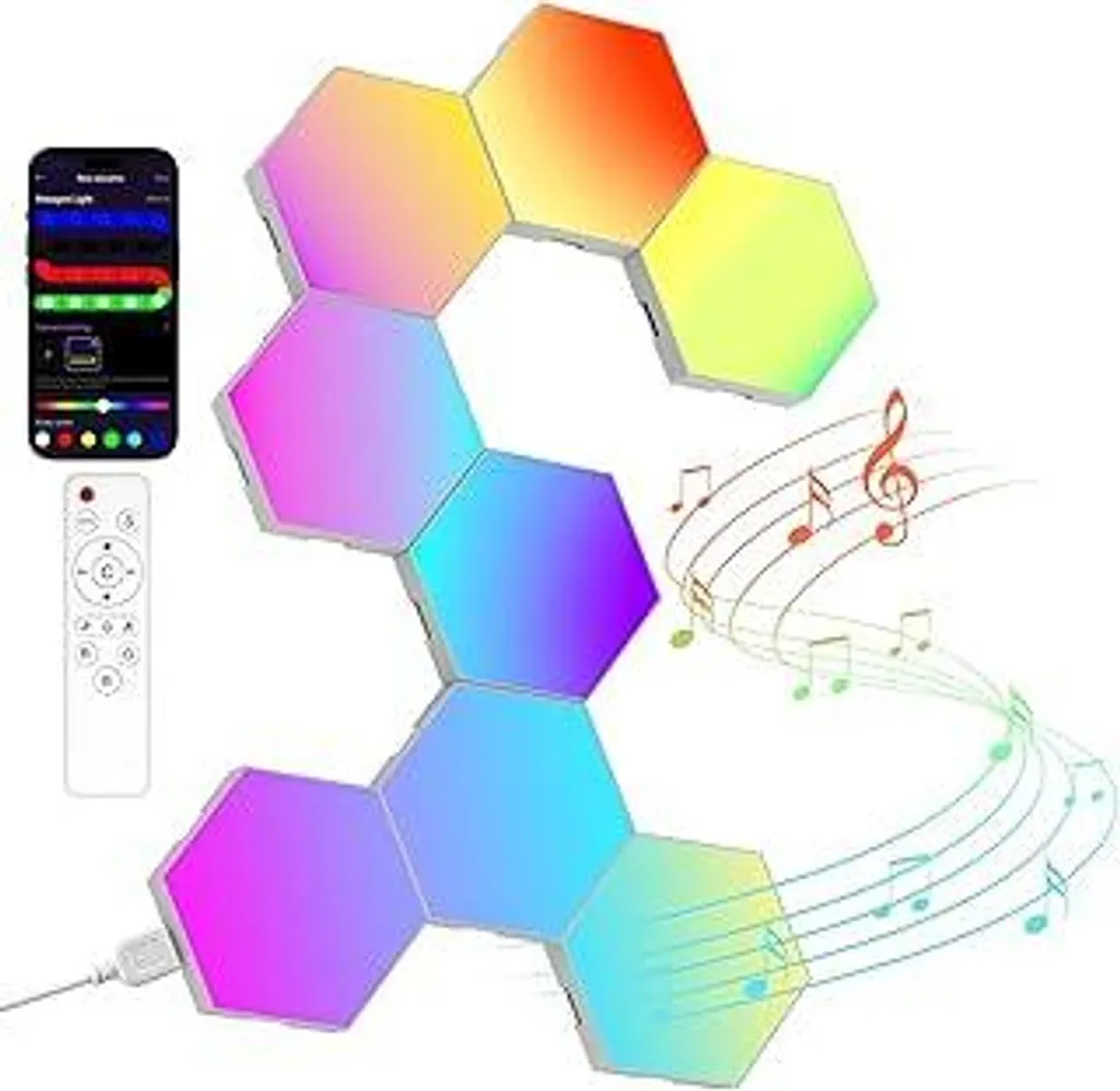 Lampada da parete Hexagon LED Gaming – 8 pannelli LED RGB, sincronizzazione musicale e controllo tramite app, illuminazione modulare da parete per camere da gioco, soggiorni, decorazioni murali e decorazioni per interni - 1