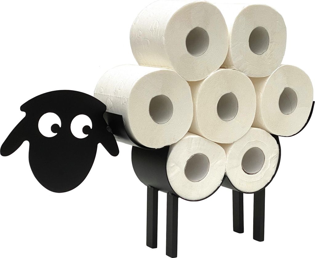 A black metal sheep-shaped toilet paper holder filled with white toilet paper rolls, isolated on a white background.