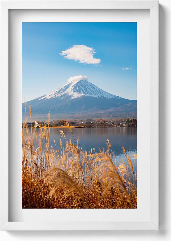 Landschaft des Mount Fuji Japan– Wandbild mit Rahmen – Gerahmtes Bild – Wanddekoration – 40x60 cm – Weiß