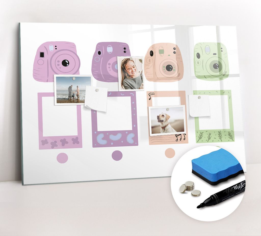 Magnetpinnwand Memoboard - Zubehörsatz - Schwarzer Marker + Schwamm + Magnete - 90 x 60 cm - Kameraset