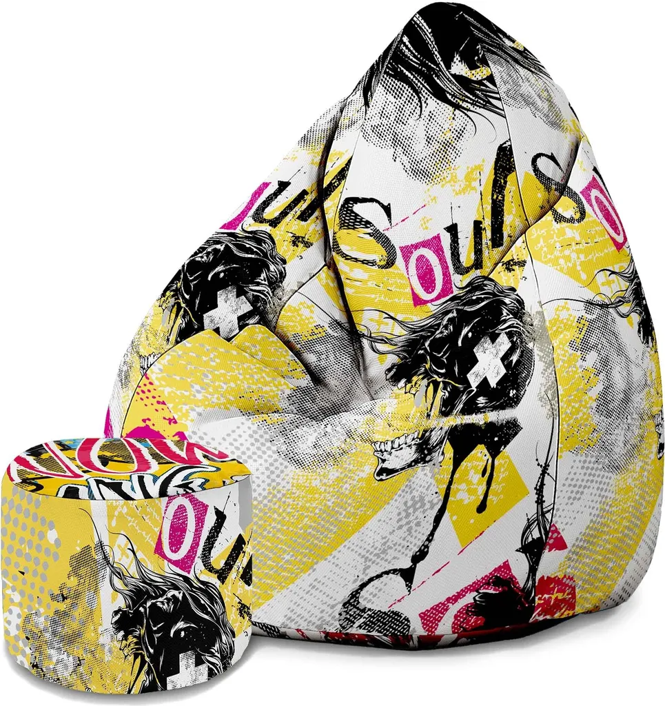 Dreamroots Bean Bag 80x80x120cm Beanbag con schienale e sgabello e copertura Cuscino da terra Chill Sack Bubibag Beanbag Screaming Faces
