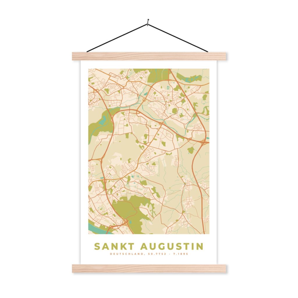 MuchoWow Textilposter Sankt Augustin - Karte - Vintage - Stadtplan 40x60 cm mit holzfarbenen Rahmen - Poster