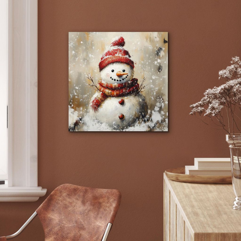 MuchoWow Wanddekoration Metall Metallbild Wandkunst 50x50 cm Schneemann - Winter - Schnee - Beige MuchoWow Aluminium Gemälde - Alubild - Industrial