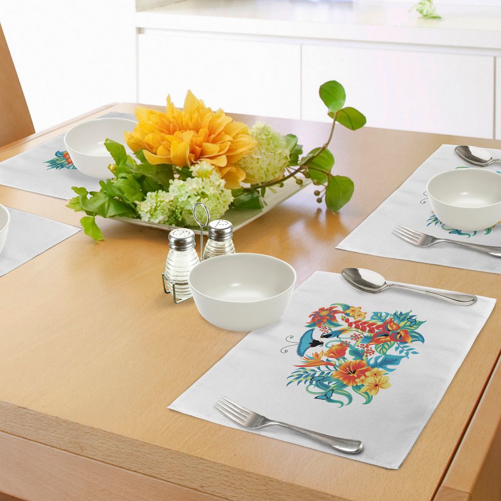 ABAKUHAUS Blumen Platzmatten, Tropisches exotisches Dschungel-Laub mit Vögeln Hawaiian Island Flowers Retro, Tiscjdeco aus Farbfesten Stoff für d...