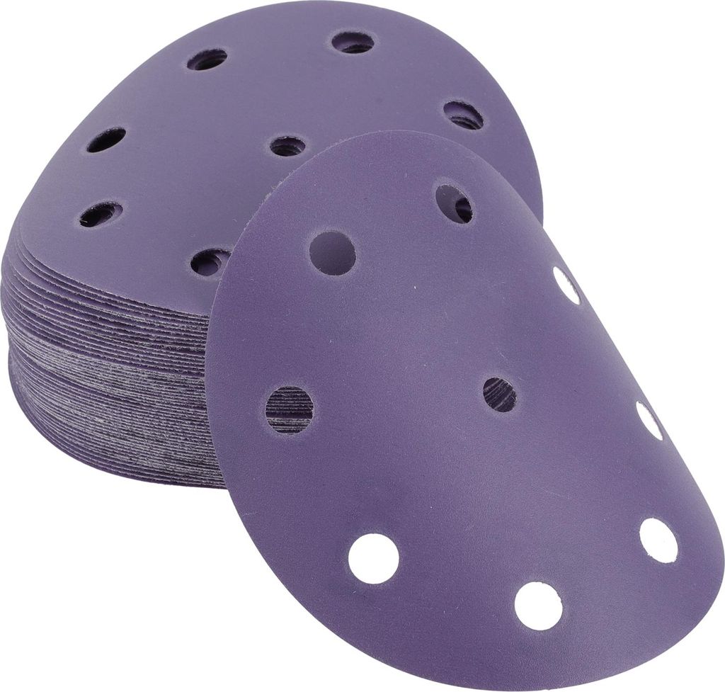 50 Stk. Schleifscheiben, 5" 9 Loch 500 Körnung Klett-Schleifpapier Universal für Metall, Holz, Autoreparatur Haltbarkeit Keramik-Polyester-Film Lila