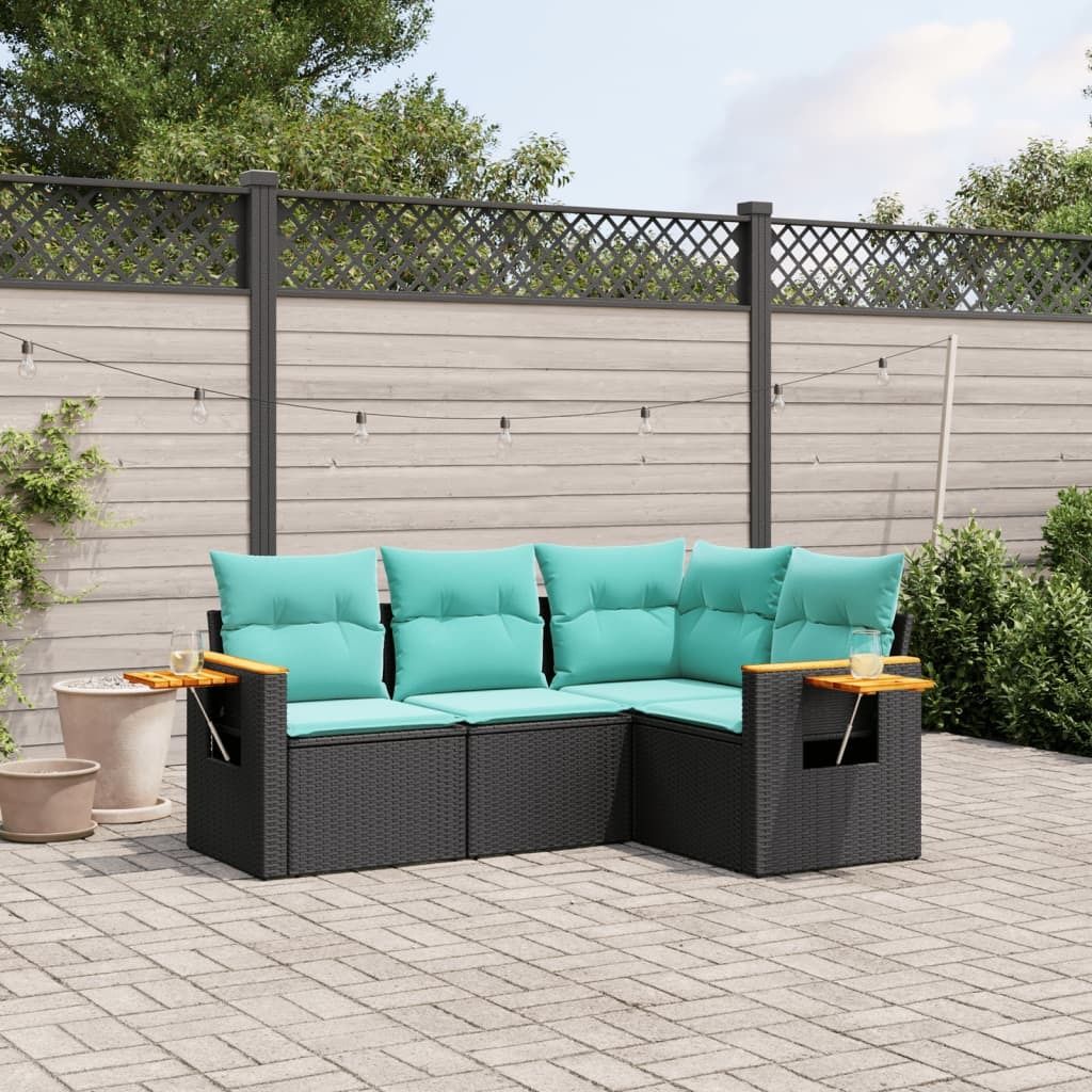 Möbel 4-tlg. Garten-Sofagarnitur mit Kissen Schwarz Poly Rattan - Gartenmöbelgarnituren 3226771