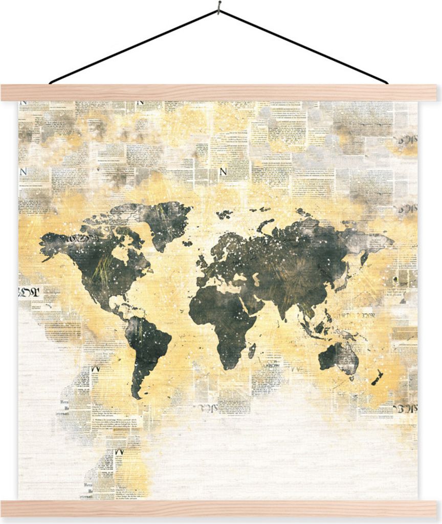 MuchoWow Textilposter Weltkarte - Farben - Aquarellfarben 60x60 cm mit holzfarbenen Rahmen - Wanddekoration