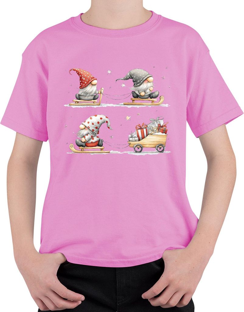 Weihnachtswichtel Schlitten Geschenke Sterne Schnee Niedlich Uni Kinder T-Shirt, Pink, 152
