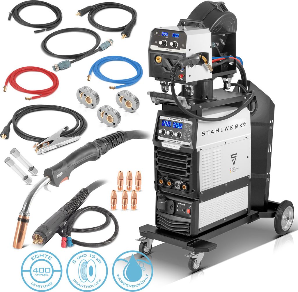 A collection of welding equipment and accessories laid out on a white background.
