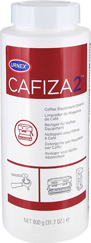 A white bottle of Urnex Cafiza2 coffee equipment cleaner.