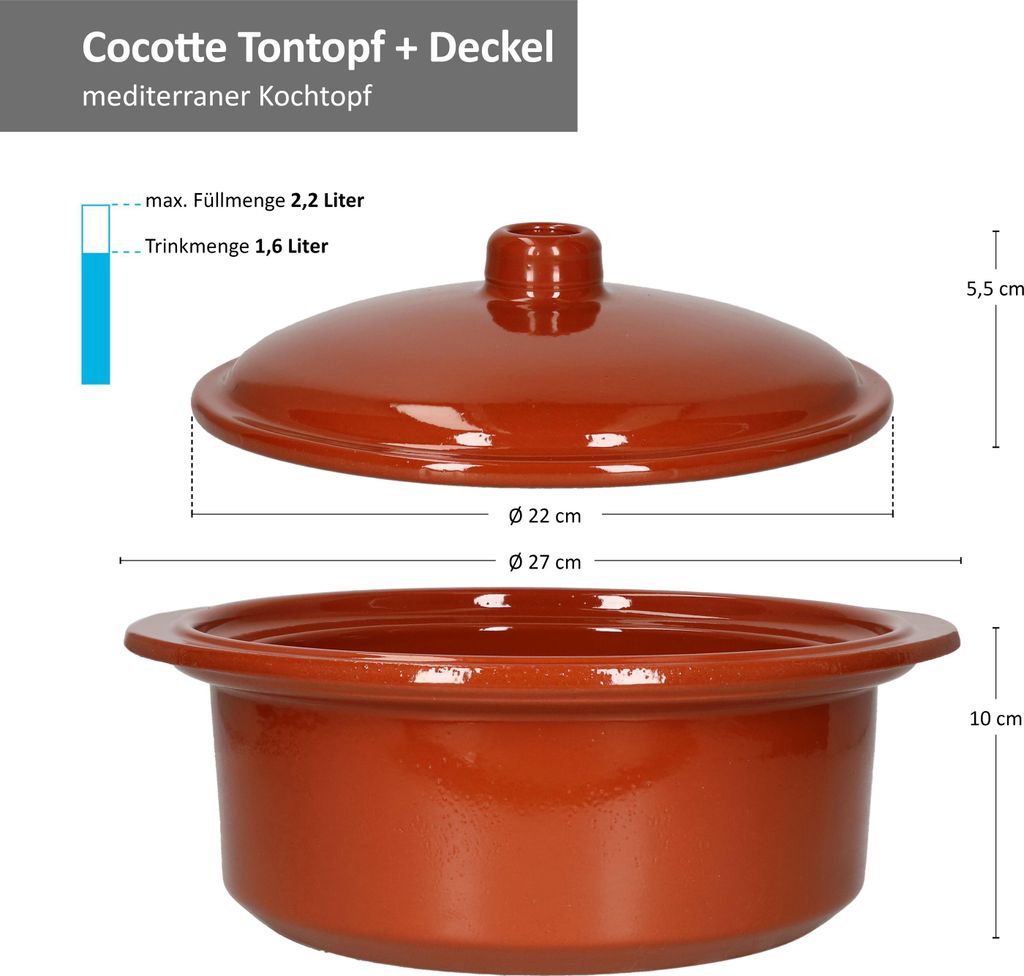 Ton-Topf + Deckel 2,2L Mediterran Cocotte Kochtopf