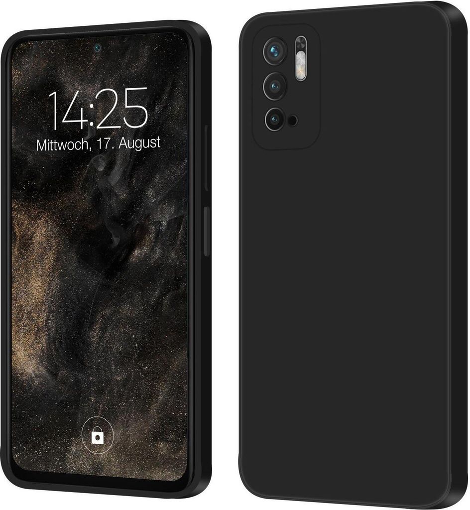 A product shot of a black phone case and a phone with a black case.