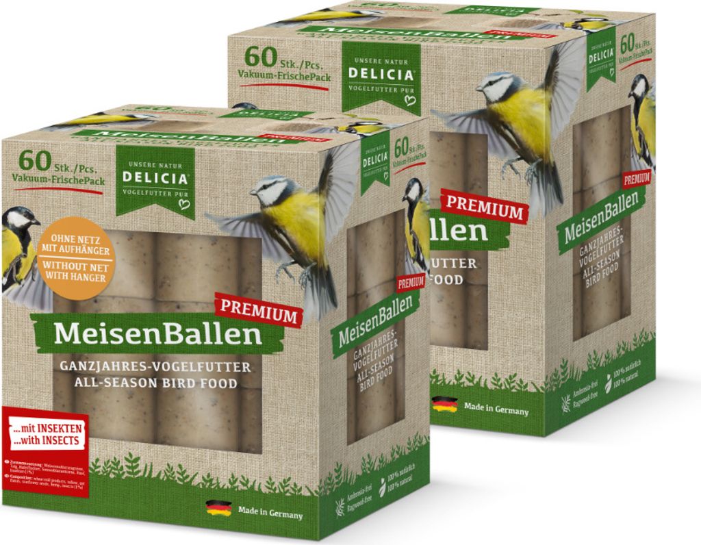 2 x 60Stk. Delicia Meisenballen mit Insekten und Aufhänger, Meisenknödel ohne Netz, Insektenknödel, Vogelfutter, Meisenfutter