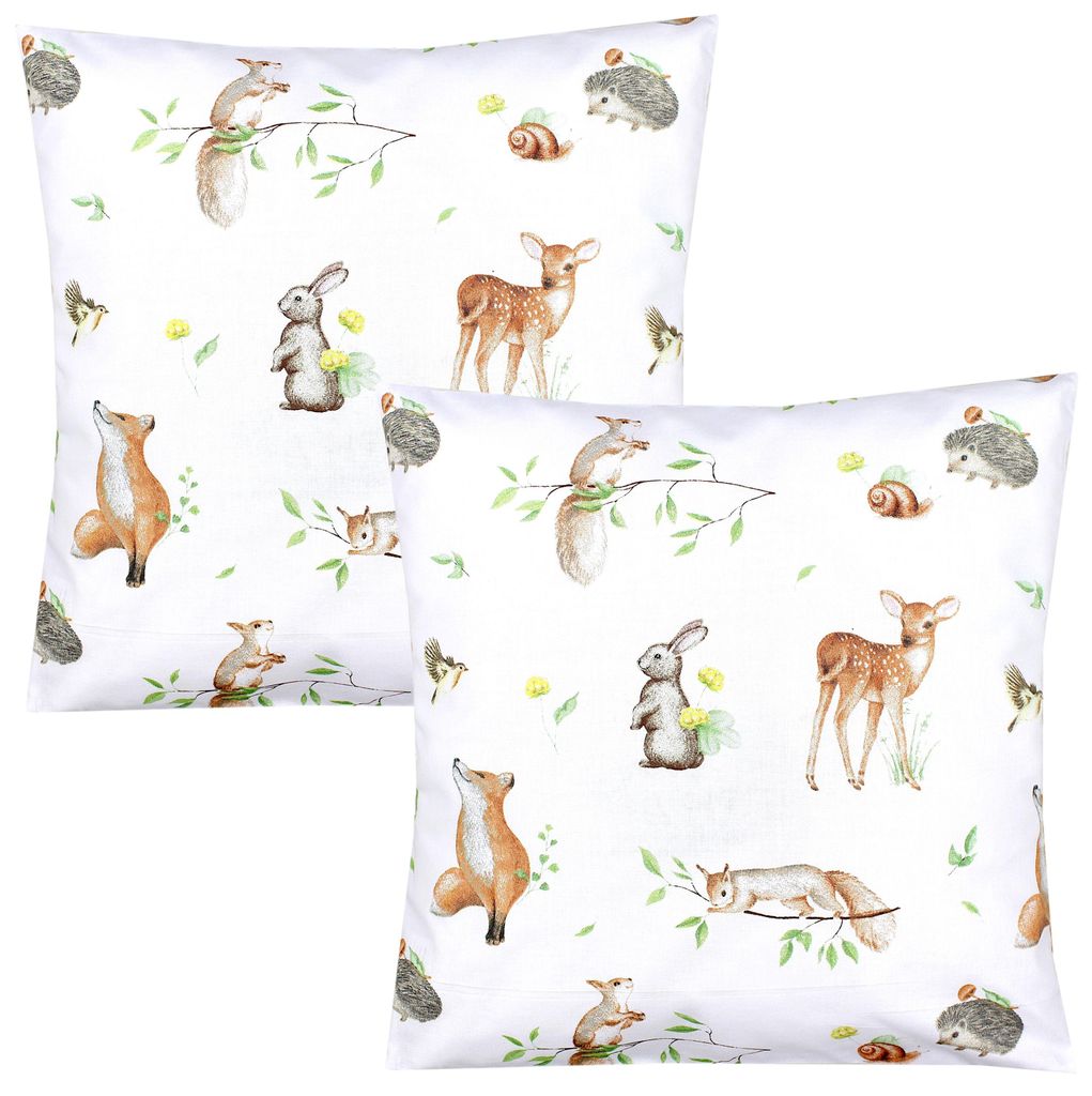 TupTam Kinder Kissenbezug Dekorativ Gemustert mit Hotelverschluss 2er Set, Farbe: Waldtiere/ Igel/ Reh/ Fuchs/ Kaninchen/ Beige, Größe: 40 x 40 cm