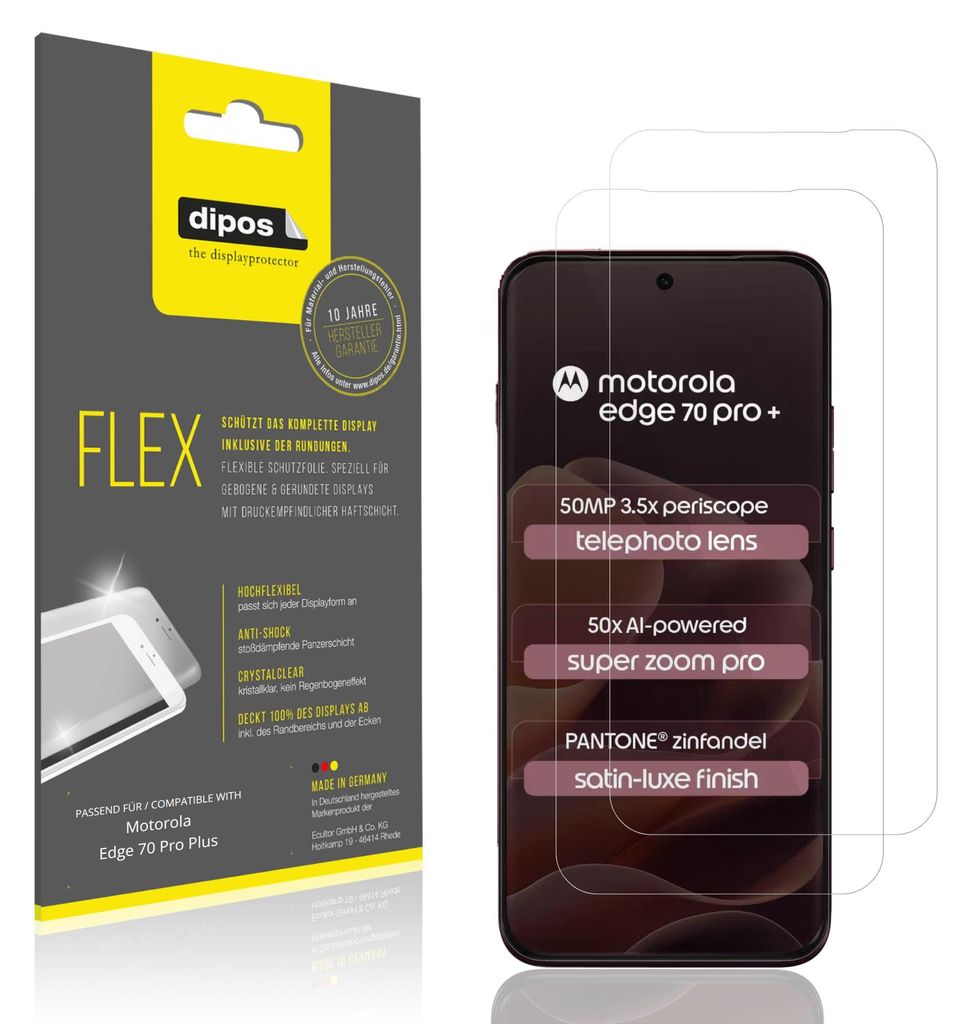 2x Schutzfolie für Motorola Edge 70 Pro Plus Folie, 100% Displayabdeckung, dipos Flex