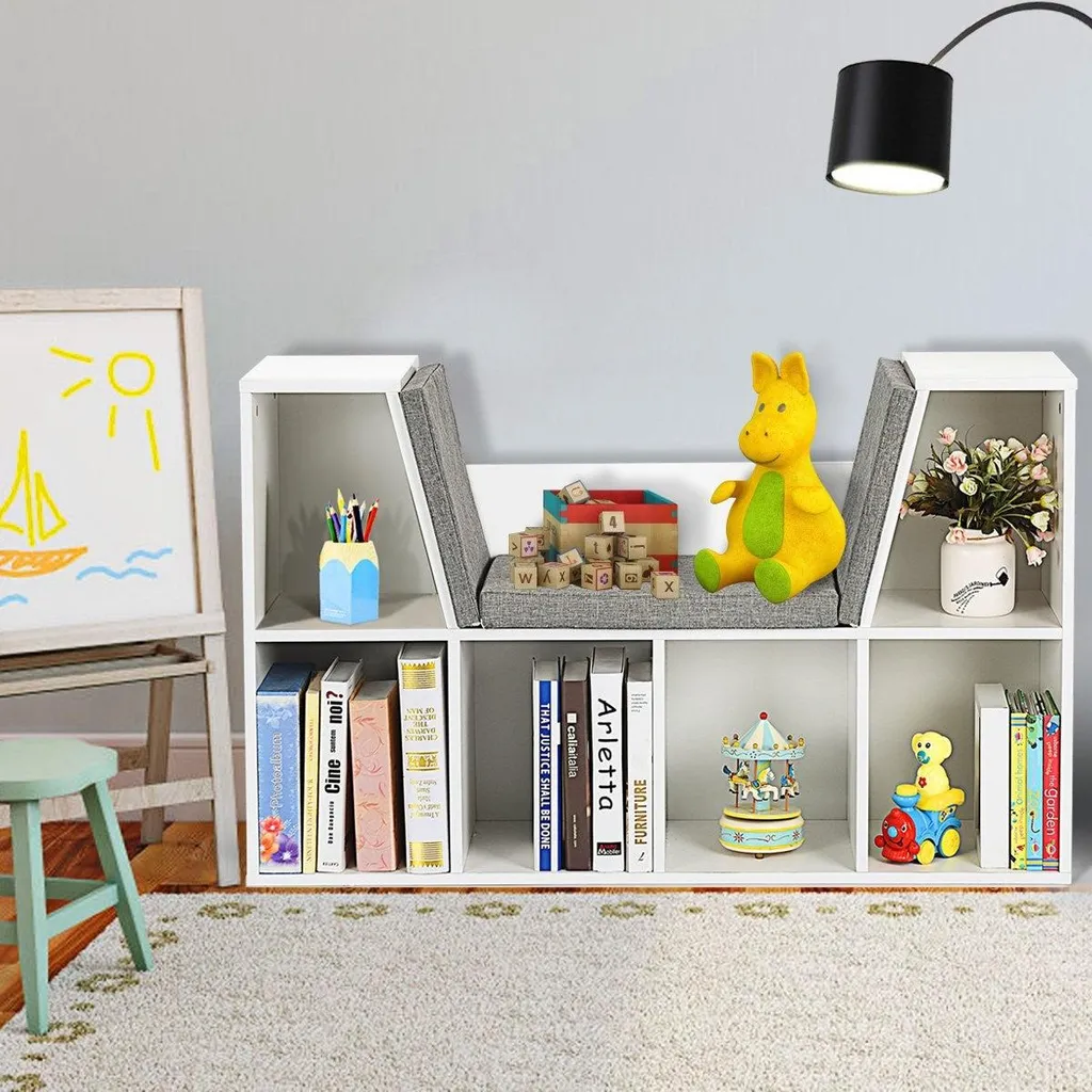 Meuble rangement livres enfant bois avec coussins - Style Montessori Blanc