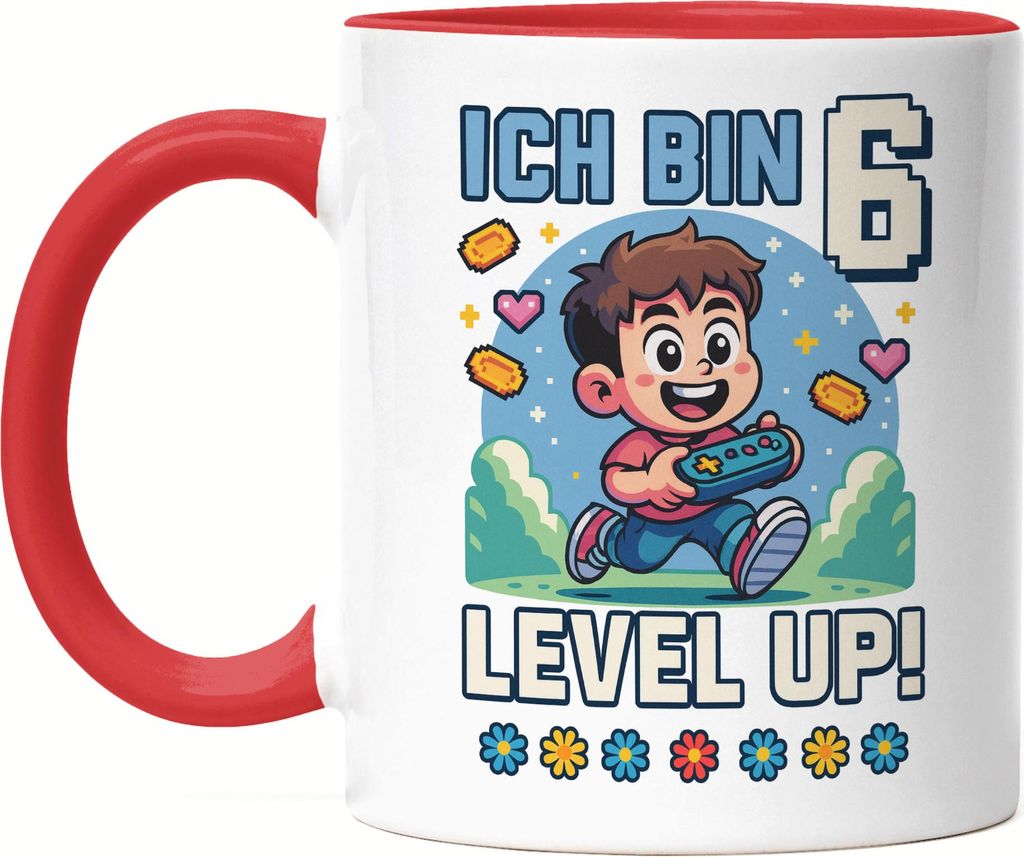 Ich bin 6 Level Up Tasse Rot Geschenkidee Kindergeburtstag Gamer Junge Mädchen 6 Jahre