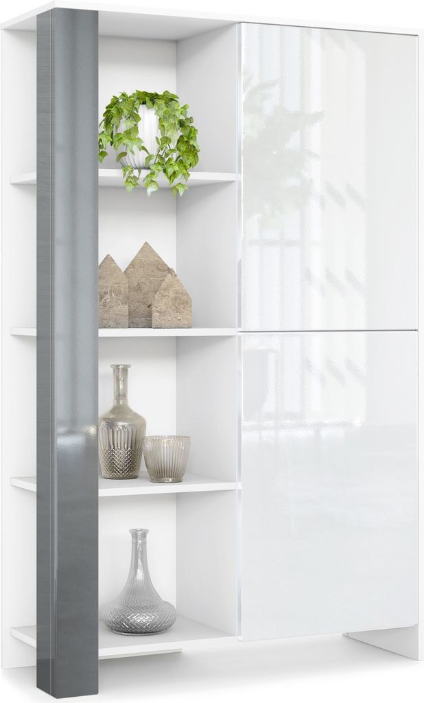 Vladon Highboard Canto, Germany, hoher Schrank mit 2 Türen und 8 Fächern, Korpus Weiß matt, Fronten Weiß Hochglanz, Nachbildung-Paneele Grau Ho...