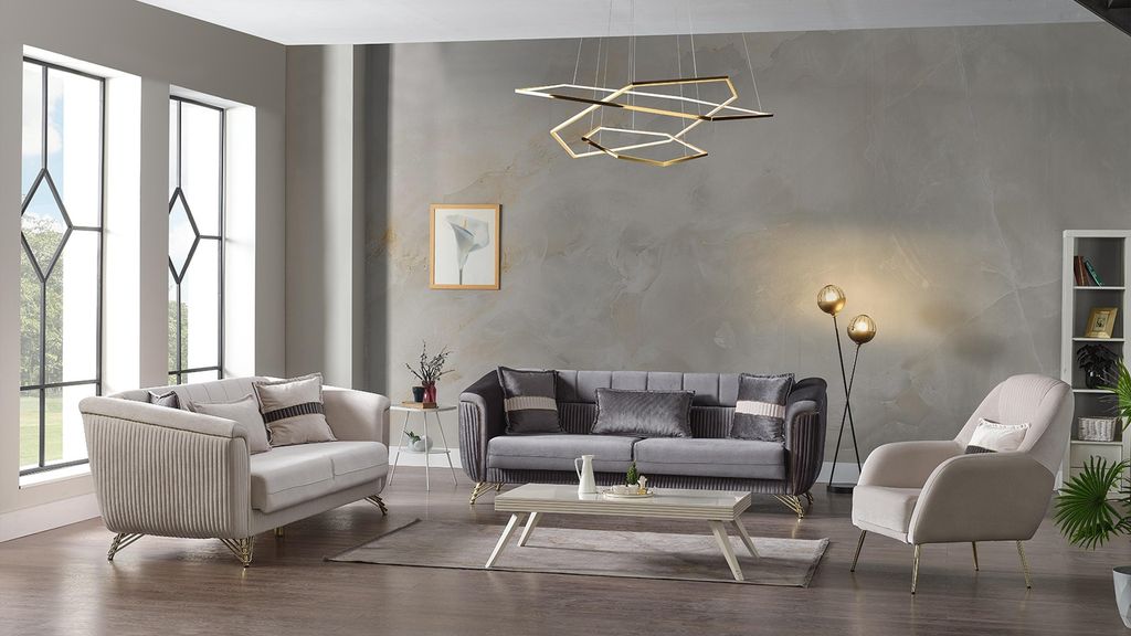 Designer Sofagarnitur 3+3+1 Sitzer Couch Polster Sitzgarnitur Samt Set Grau