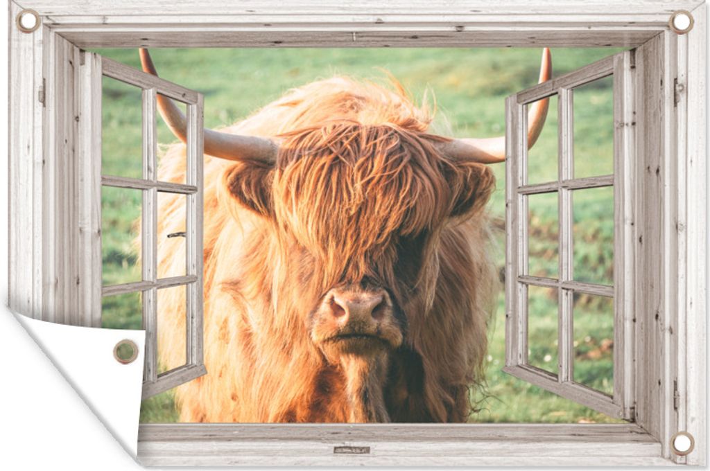MuchoWow 90x60 cm Outdoor-Poster Gartendeko Sichtschutz Garten Poster für den Garten Schottischer Highlander - Ansicht - Fenster - Tier