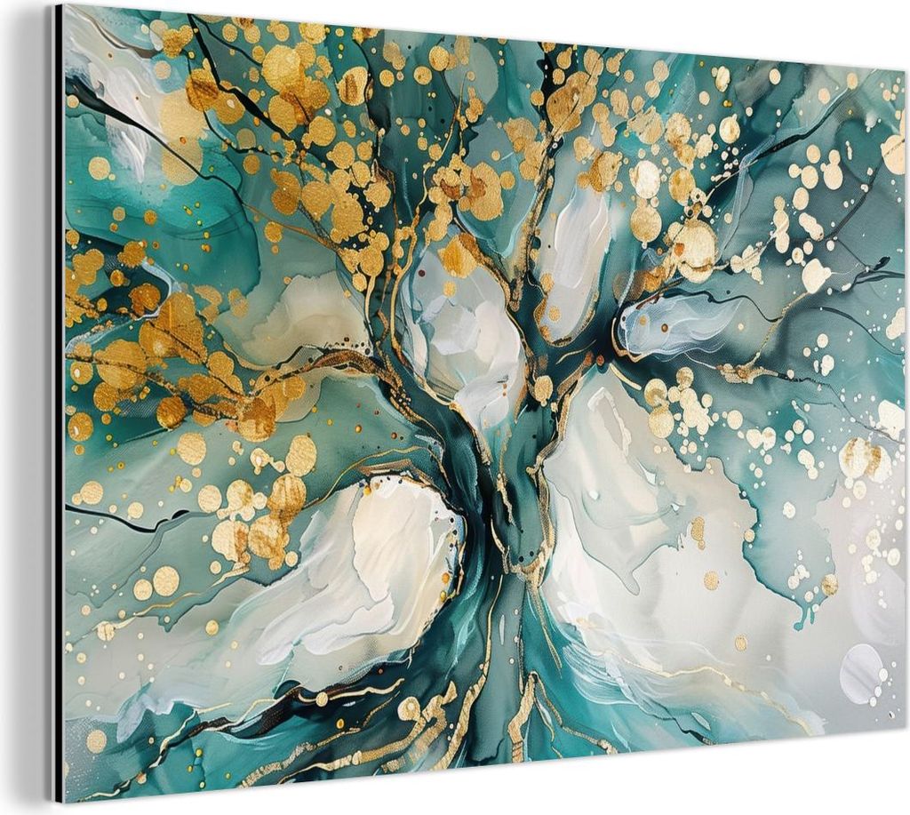 MuchoWow Wanddekoration Metall Metallbild Wandkunst 30x20 cm Baum - Modern - - Türkis - Gold MuchoWow Aluminium Gemälde - Aluminiumgemälder