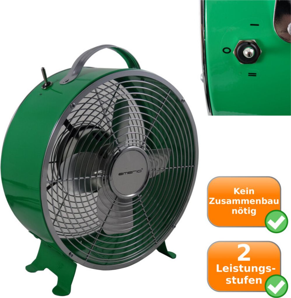 A retro-style green desk fan is shown from the front and side, with close-ups of its controls and informational badges.