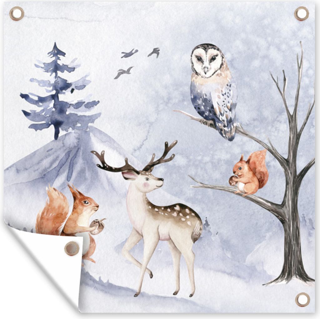 MuchoWow 100x100 cm Outdoor-Poster Gartendeko Sichtschutz Garten Poster für den Garten Winter - Hirsch - Eichhörnchen - Baum