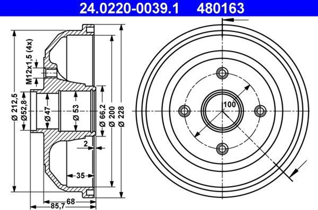 Tambour de frein ATE en fonte pour Corsa C - Référence 24.0220-0039.1