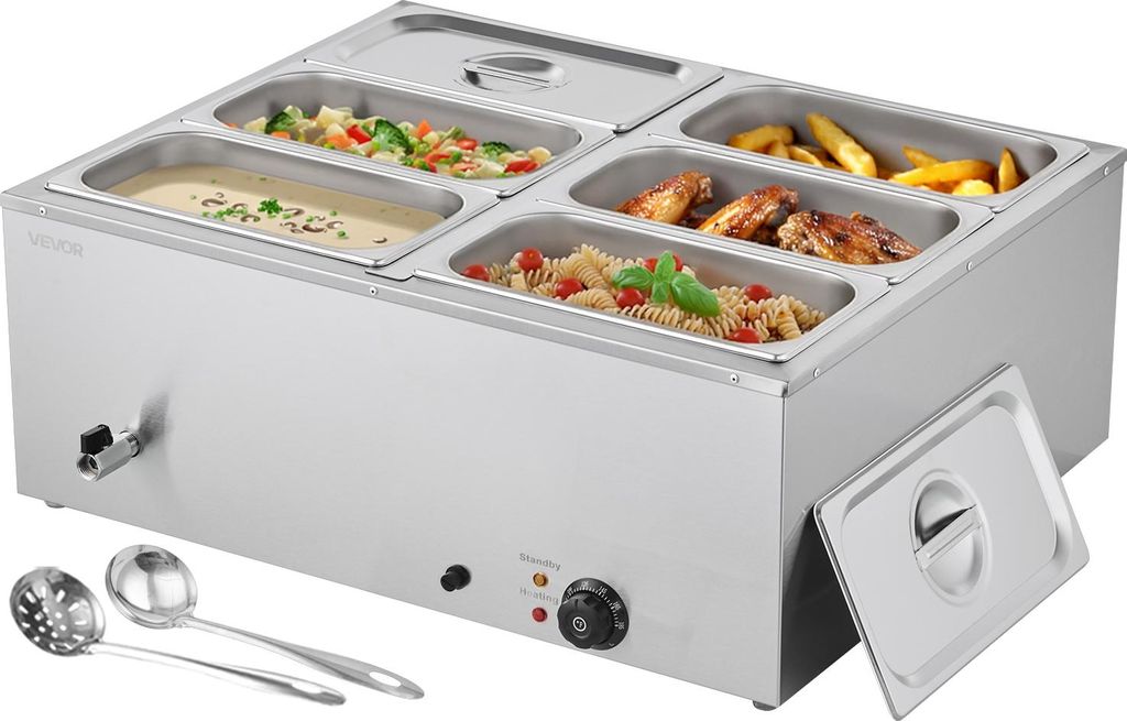 VEVOR kommerzieller Speisenwärmer (6 x 1/3 Größe Behälter), 1,5 kW elektrischer Wärmebehälter aus Edelstahl mit Abdeckung & Suppenkelle, Chaf...