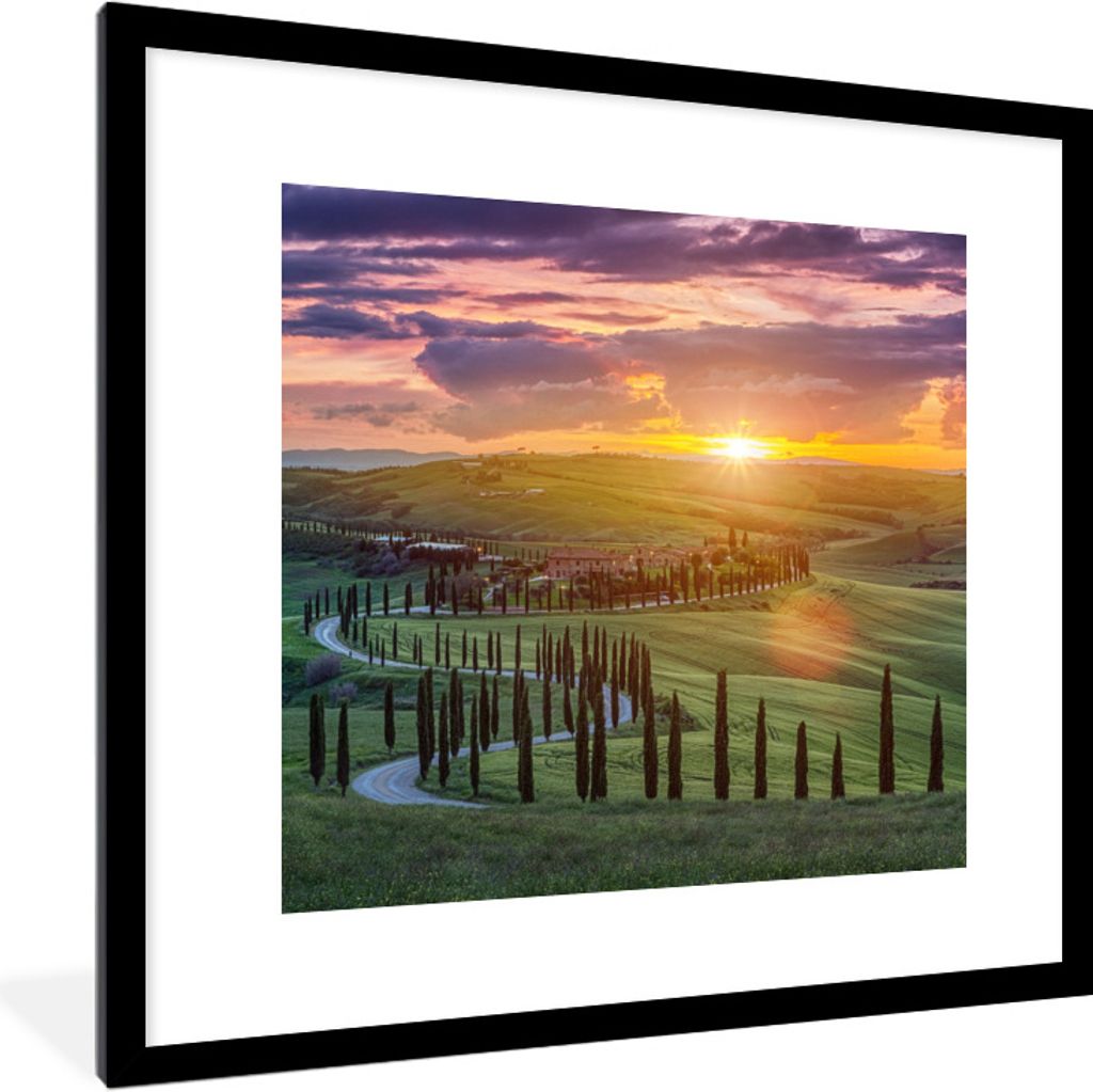 MuchoWow Gerahmtes Poster Italien - Sonnenuntergang - Toskana 40x40 cm - Poster mit Schwarzem Bilderrahmen Wandposter Rahmen Foto Bilder - Poster...