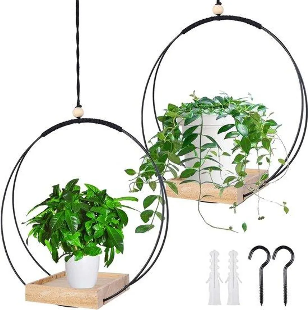Suspension pour plantes noire avec plateau bois et cercle métal 93cm