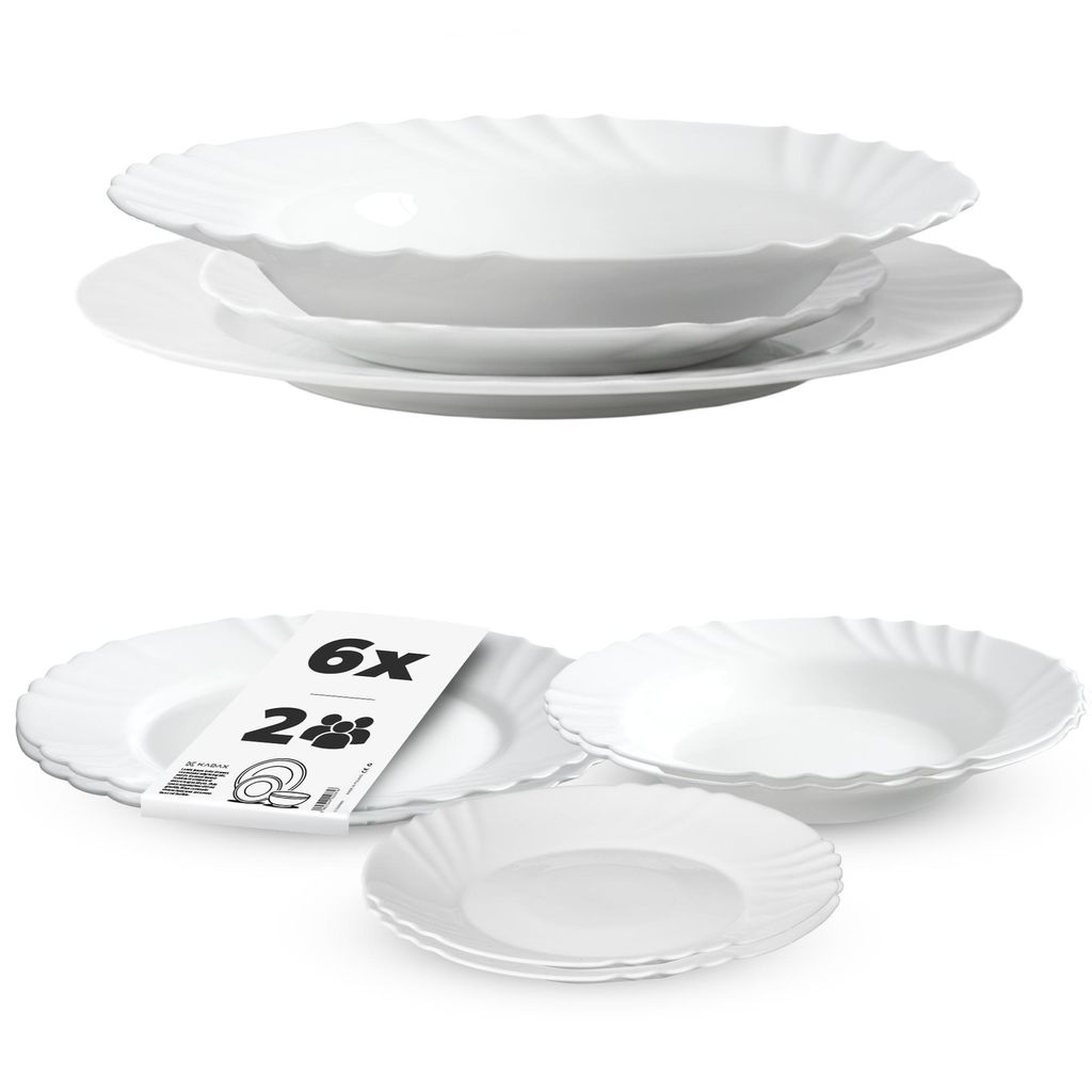 KADAX Geschirrservice 6-teilig, Geschirrset für 2 Personen, Tafelservice mit Suppenteller, Dessertteller & Speiseteller, Tellerset aus Opalglas, G...