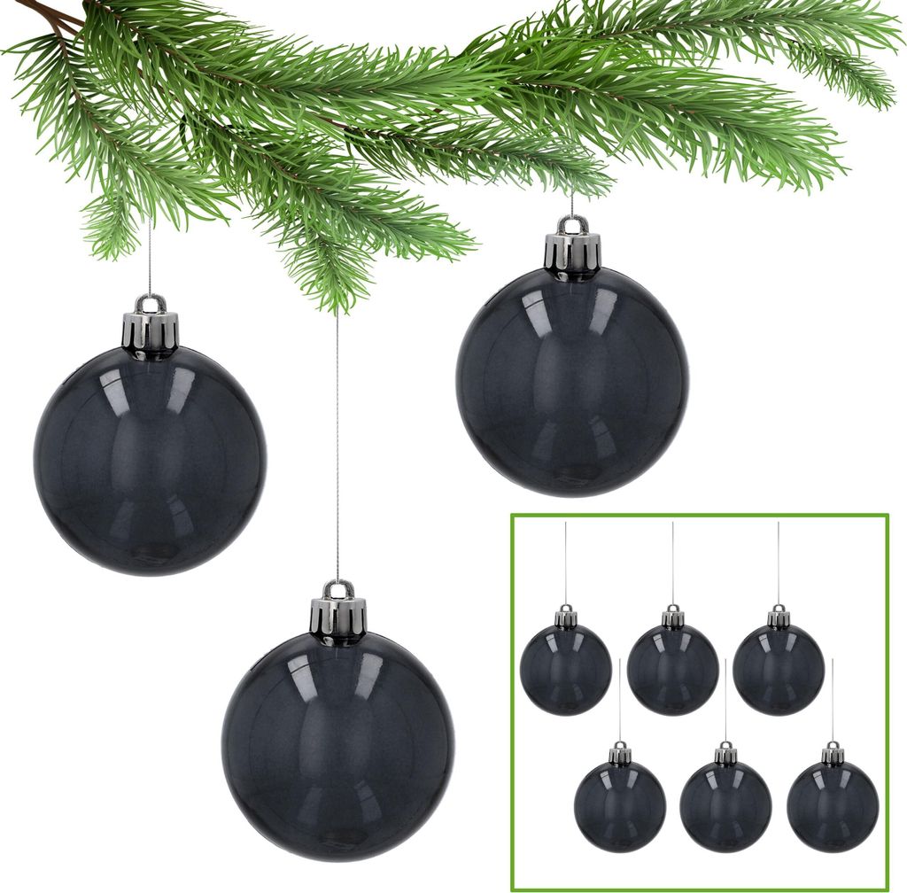 Anthrazit/transparente Christbaumkugeln, 6cm Weihnachtsbaumschmuck-Set aus Kunststoff, 6 Stück