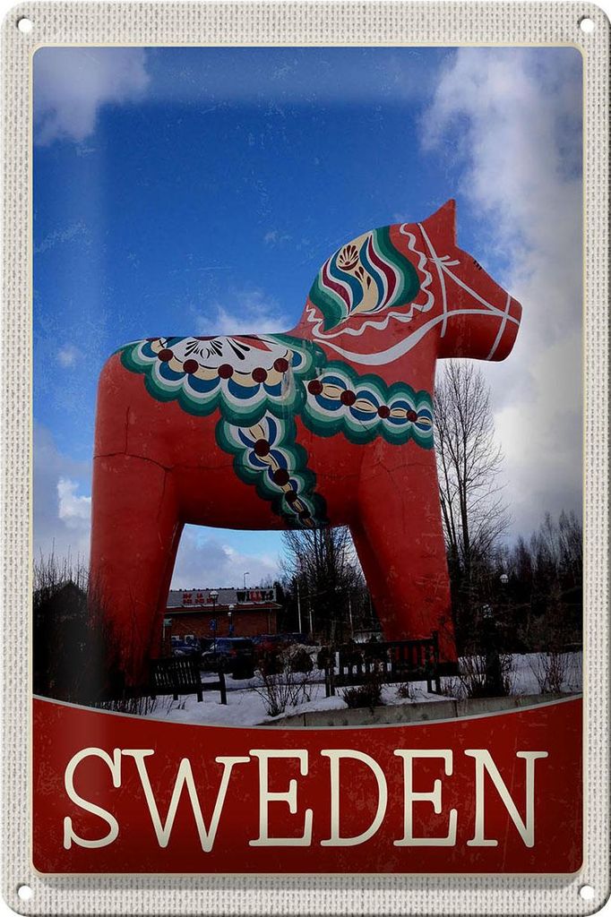 Blechschild Reise 20x30cm Schweden rotes Pferd Skulptur
