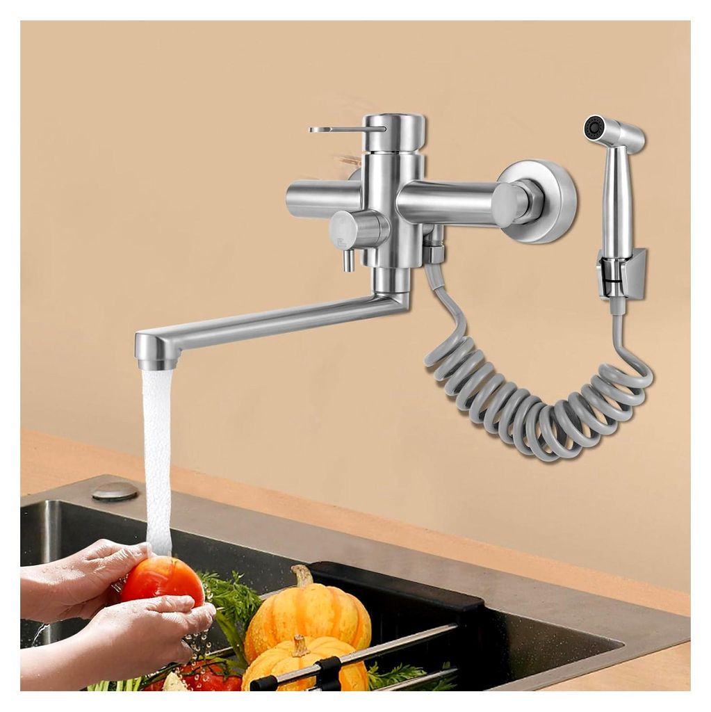 Wandmontage Wasserhahn für die Küche mit Spritzpistole und 2 Wasserstrahlarten, 360° drehbar, gebürsteter Edelstahl