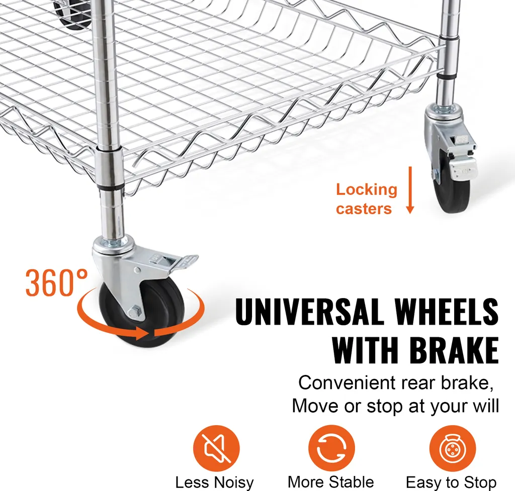 Carrello da cucina SucceBuy, 3 livelli, carrello in filo metallico con capacità di carico di 290 kg, carrello di servizio in acciaio su ruote, carrello di stoccaggio in metallo con cesto profondo 80 mm, manico curvo - 5