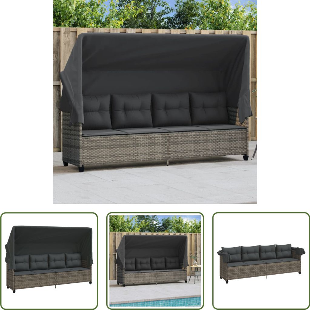 The Living Store Sonnenliege mit Dach und Kissen Grau Poly Rattan