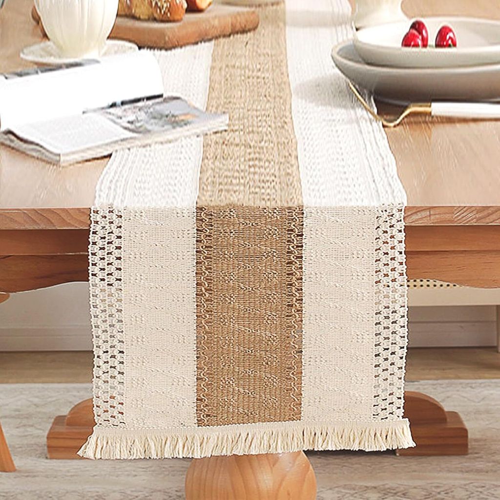 Makramee Tischläufer mit Quasten,Beige Tischläufer in Baumwolle,Boho Style, Elegante Hohle Mesh Tischdecke,Landhausstil Table Runner Tabletop Dek...