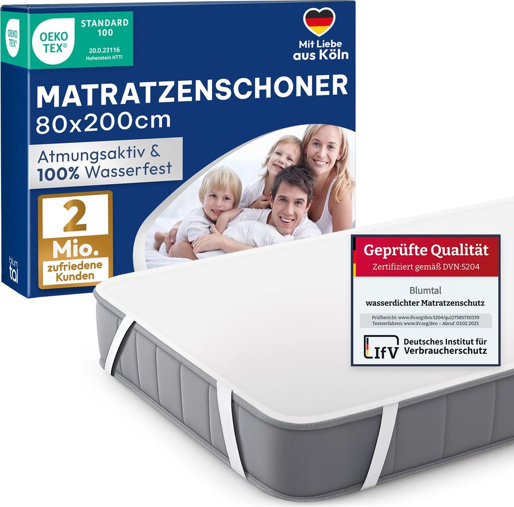 A mattress protector is shown on a mattress, with packaging and a family photo in the background.